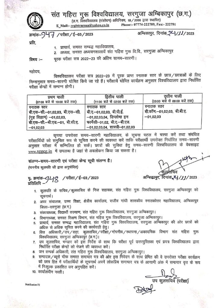 SURGUJA UNIVERSITY AMBIKAPUR EXAM 2023 